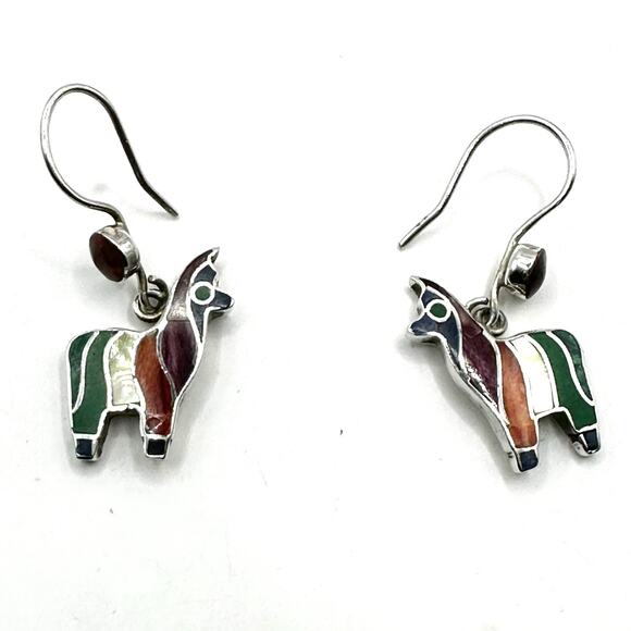 Vintage Jewelry - LLama 950 Sterling Silver Earring Inalid Pierced Dangle Drop Peruvian Peru